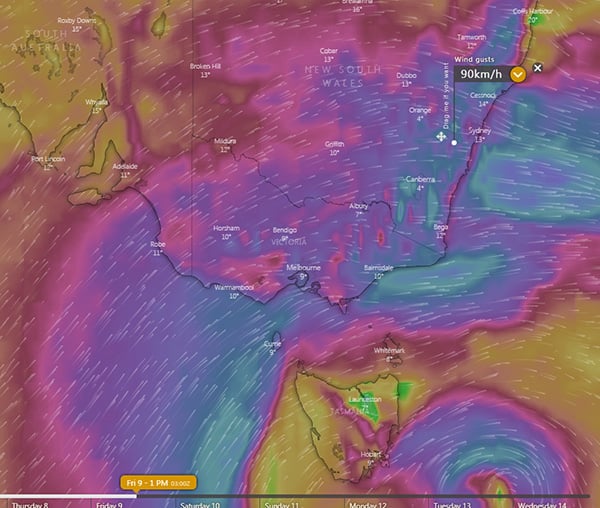 Wind gust forecast for southeastern Australia on Friday (Source: Windy)