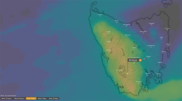 Rainfall accumulation across the next three days over Tasmania