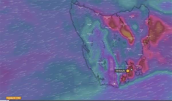 Wind gust forecasts for Tasmania for 7pm Tuesday 20 August, 2019
