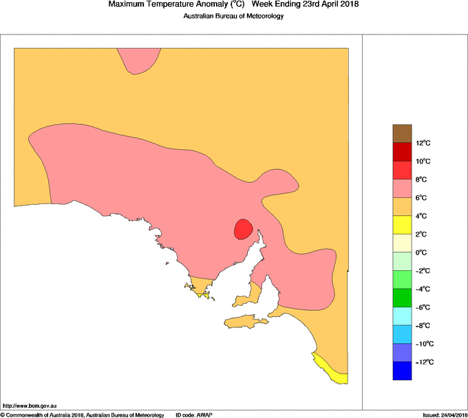 Maximum temperature anomaly for Adelaide on the week of April 23,0218