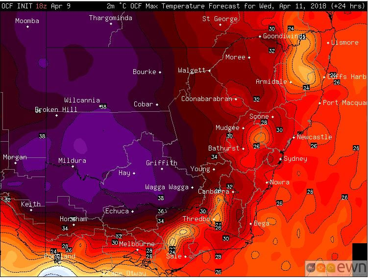 Forecast temperatures from the OCF model on Wednesday 11th April across NSW and VIC