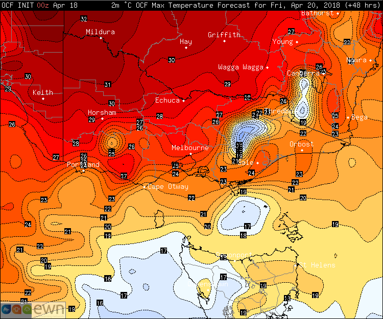  Maximum temperature forecasts from the OCF model across VIC and TAS