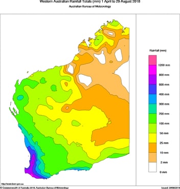 Southern wet season rainfall recorded across Western Australia to Wednesday 29th August, 2018