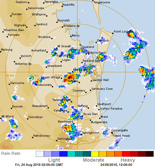 Radar image taken from midday Friday 24 August, 2018