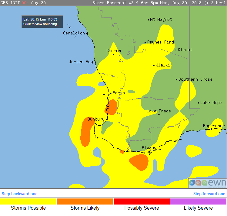 GFS thunderstorm probabilities, 5pm and 8pm WST