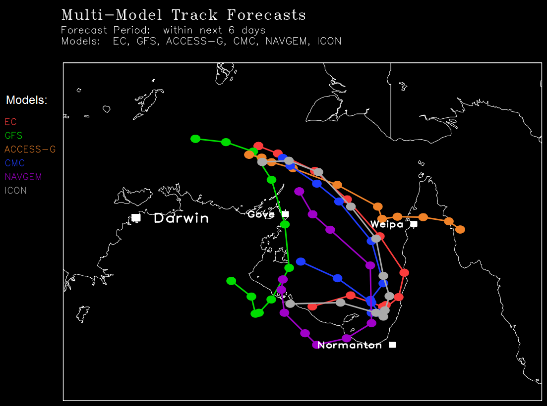 map showing possible scenarios for the tropical system's tracks