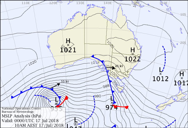 Bureau of Meteorology Mean Sea Level Pressure (MSLP) Chart at 10am Tuesday 17th July, showing the cold front crossing southeastern Australia