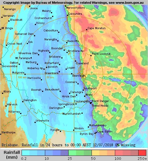 Radar derived rainfall totals in the 24 hours to 9am, 12th July, 2018