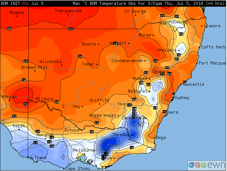 Observed maximum temperatures across NSW