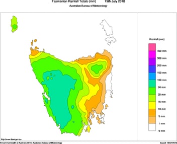 Rainfall totals recorded to 9am today (19 July, 2018) across Tasmania