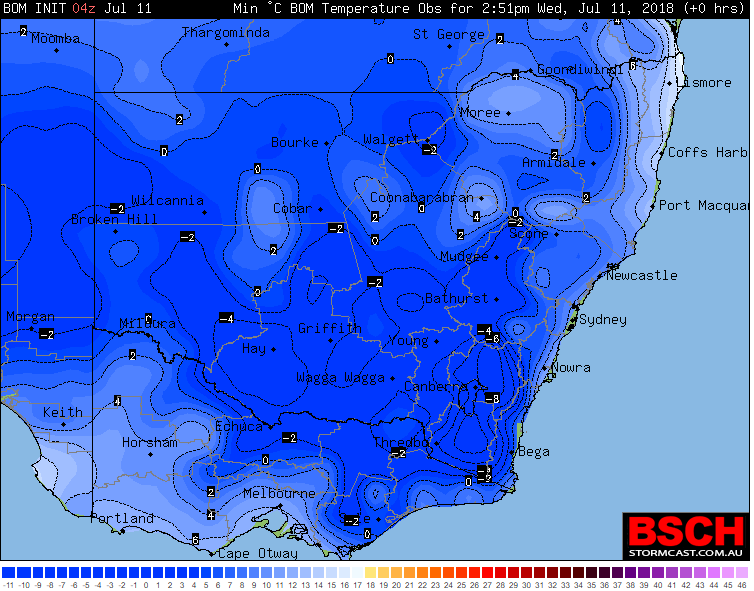 Minimum temperatures to 9am today across NSW (11th July)