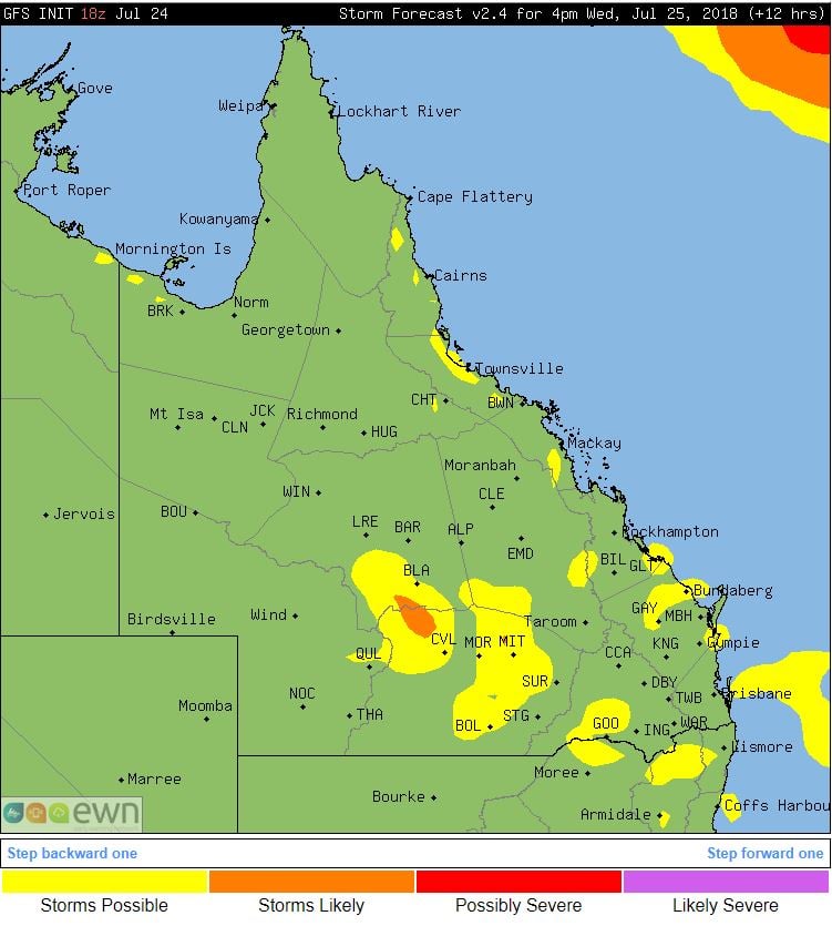 GFS thunderstorm probabilities, QLD 4pm.