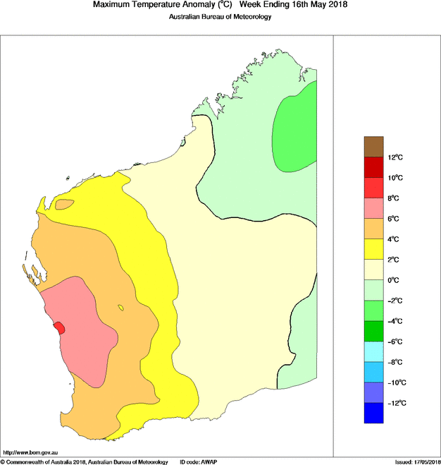 Maximum temperature anomalies for Western Australia across the last seven days