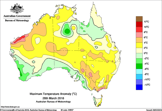 Image of Maximum Temperature Anomaly on 28 March 2018 for Northwest Australia 