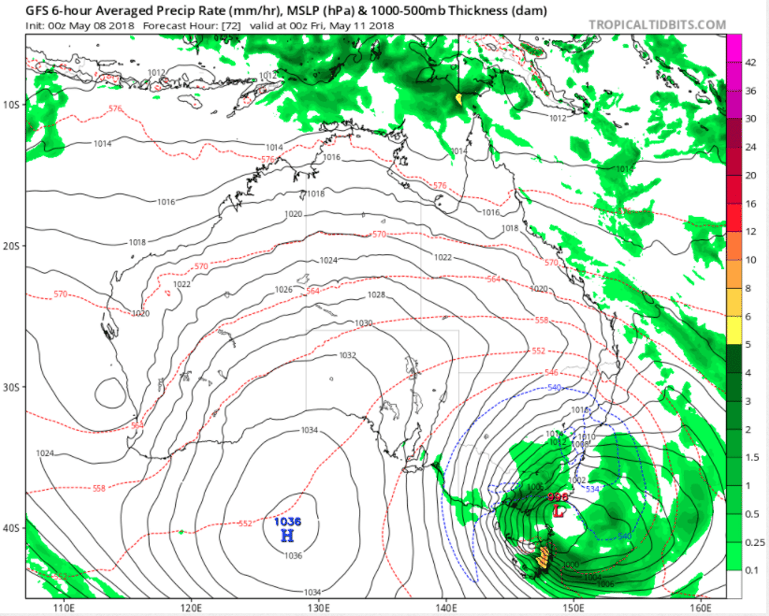 Synoptic chart and forecast precipitation for Australia at 00z Friday 11 May, 2018