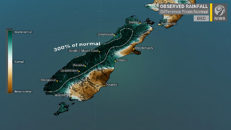 Observed rainfall for December 2019 so far indicating up to 300% of the monthly rainfall already received via NIWA.