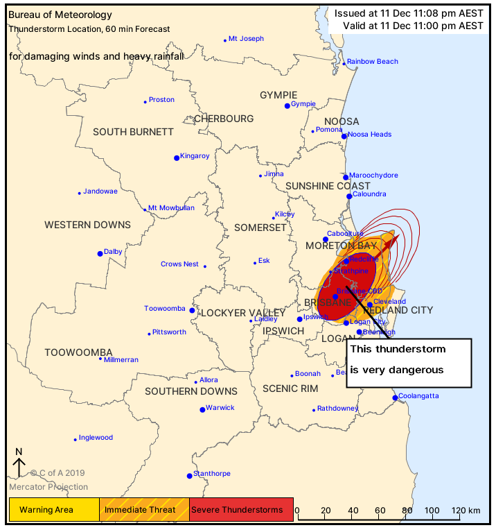  Severe Thunderstorms Warning - Very dangerous thunderstorm over the Brisbane CBD on 11th December, 2019 warned for damaging winds and heavy rainfall.