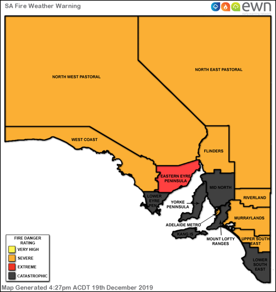 Catastrophic, Extreme and Severe Fire Weather Warning areas for Friday for the entire of SA, 20th December 2019 via the Early Warning Network and Bureau of Meteorology
