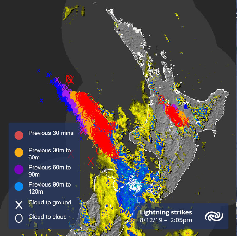 Severe Thunderstorms - December 8th, 2019 - Lightning Tracker showing intense cold front affecting parts of New Zealand's North Island via the MetServiceNZ.