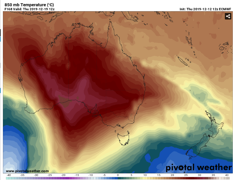 850 temperature forecast for Thursday 19th December, 2019 (Source: Pivotal WeatheR)