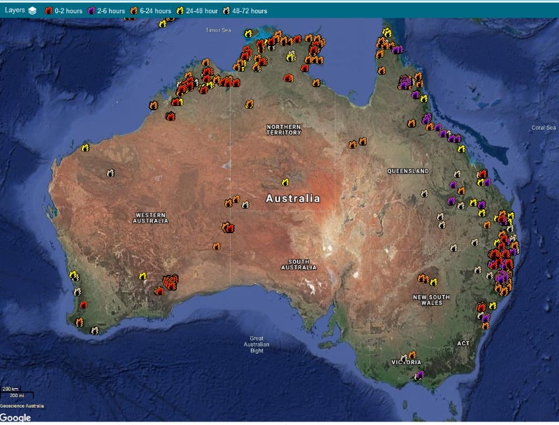 Sentinel hotspot data for fires across Australia