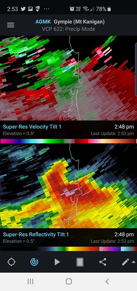 Images via Radar Scope showing inbound and outbound winds, along with a well-defined hook echo