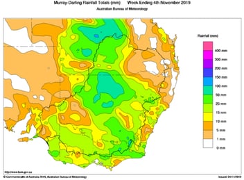 Weekly rainfall totals to 4 November, 2019 across the Murray Darling Basin