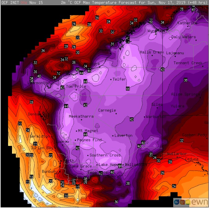 OCF Forecast temperatures across Western Australia on Sunday 17 November, 2019