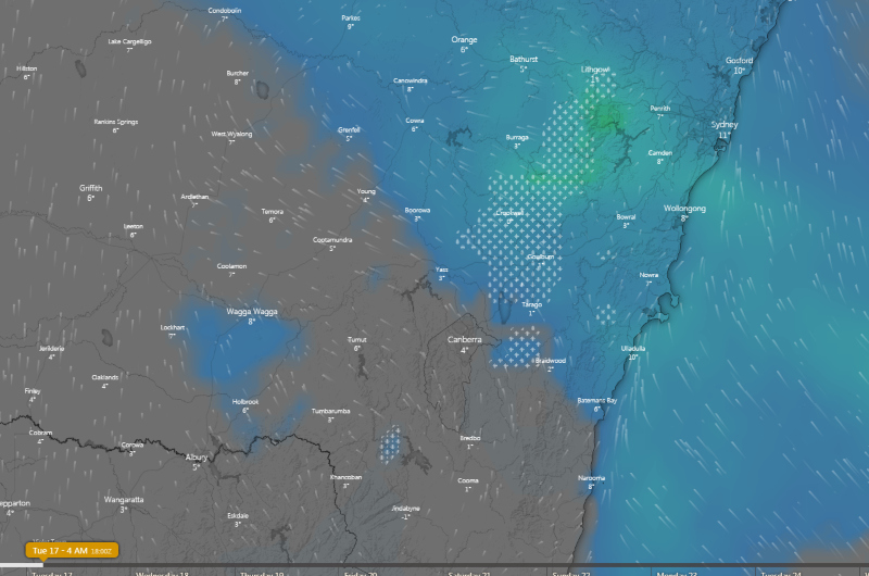 Snow forecast from EC model on Tuesday 17th September morning across NSW