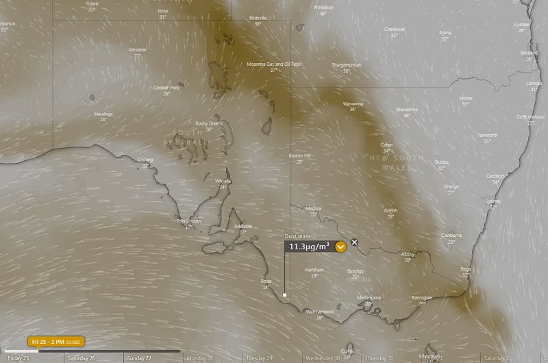 Dust mass index for Friday 25 October, 2019 (Source: Windy)