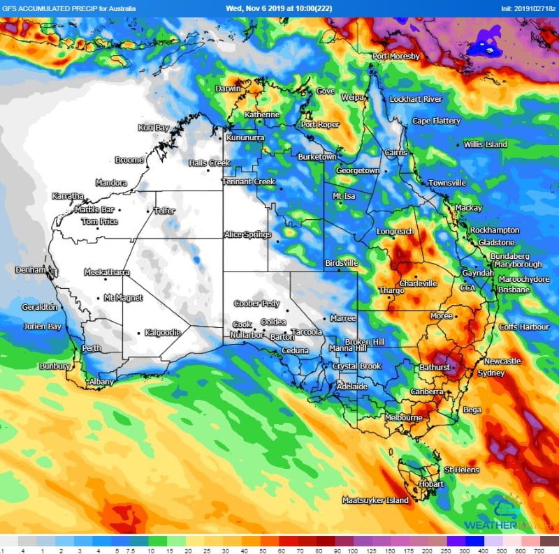 Accumulated precipitation from the GFS Model until 10am EST Wednesday 6 November, 2019 (Source: Weatherwatch Metcentre)