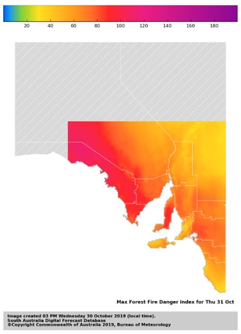 Forest Fire Danger Index for South Australia for 31 October, 2019 (Source: Bureau of Meteorology)