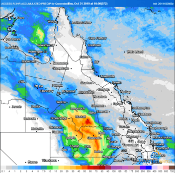 72 hour rainfall forecast from the ACCESSR Model to 10am EST Thursday 31 October, 2019 (Source: Weatherwatch Metcentre)