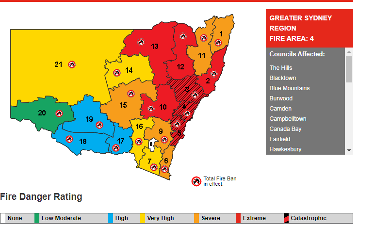Fire Danger ratings for NSW for Tuesday 12 November, 2019 (Source: Rural Fire Service)