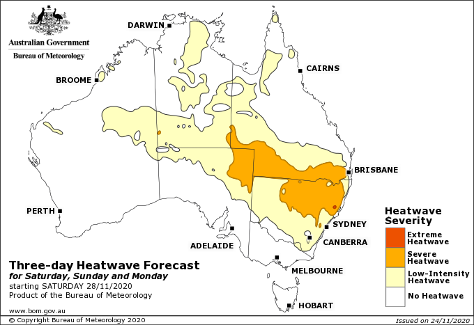 Heatwave forecast from Saturday 28th November to Monday 30th November across Australia, sourced from Bureau of Meteorology