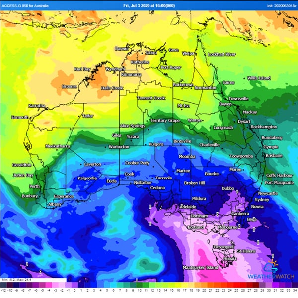 850 temperatures across Australia on Friday 3rd July, 2020 afternoon. (Source: Weatherwatch Metcentre)