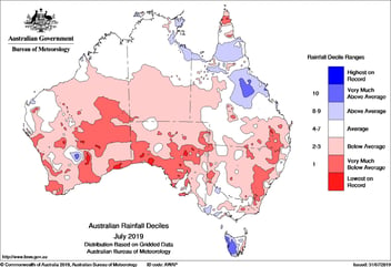 Rainfall deciles for July across Australia