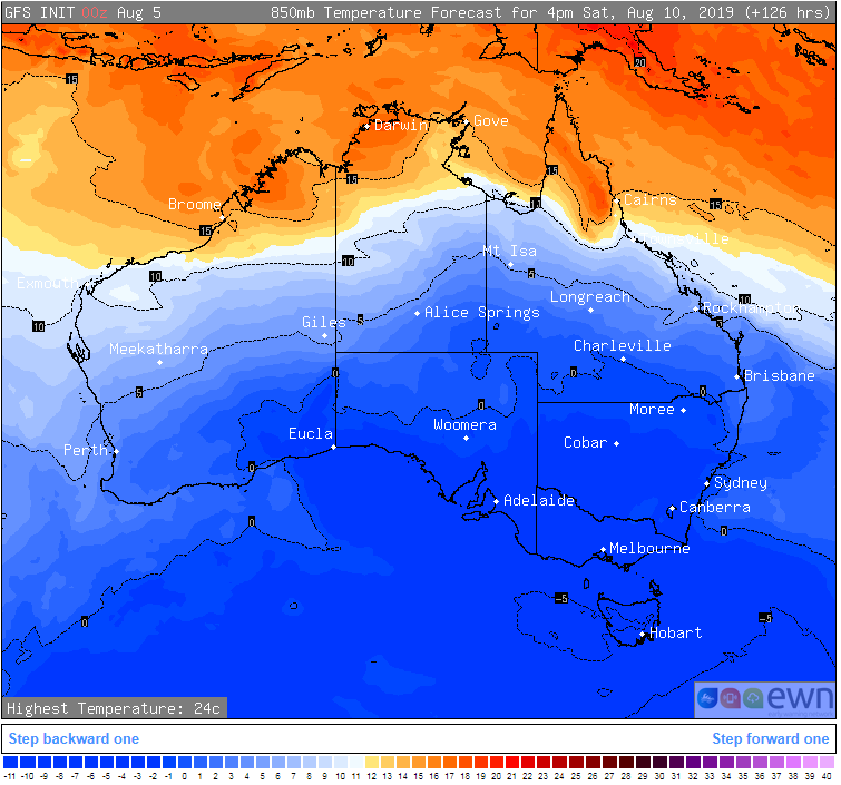850mb temperatures over Australia on Saturday