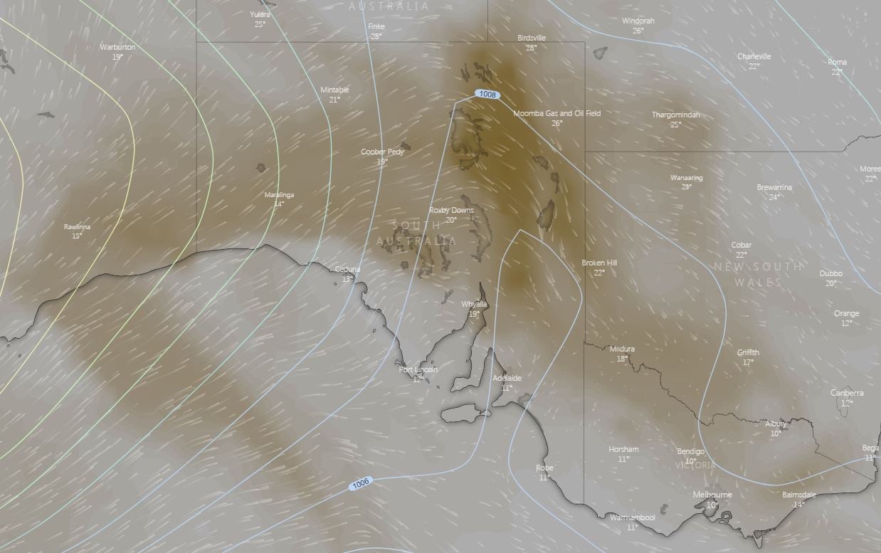 windy.com dust output for Wednesday afternoon 7/08/2019