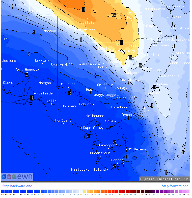 850mb forecast temperatures over southeastern Australia on Sunday 18 August, 2019