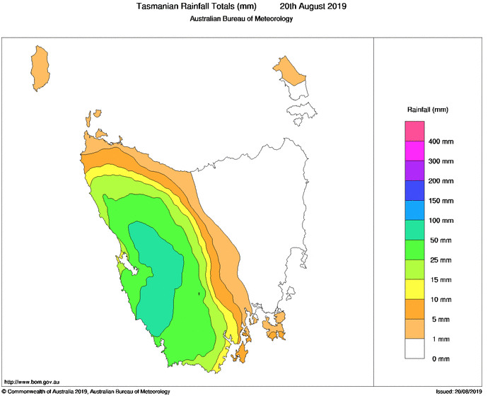 Rainfall in the 24 hours to 9am today (Tue 20th August) over Tasmania (Source Bureau of Meteorology)