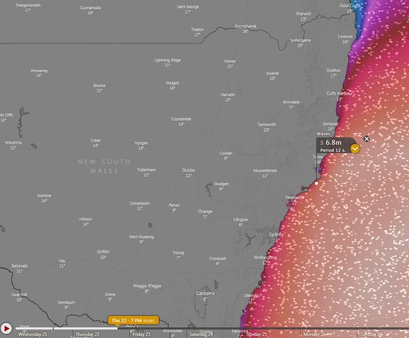 Forecast wave heights for Thursday 22 August, 2019 (Source: Windy)