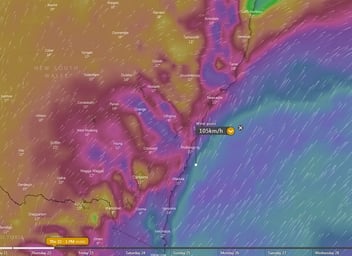 Forecast Wind gusts for the NSW coast tomorrow afternoon