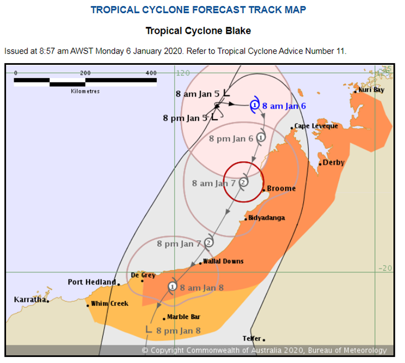 Tropical Cyclone Blake Forecast Track Map as of 8:57am on Monday, 6th January 2020.