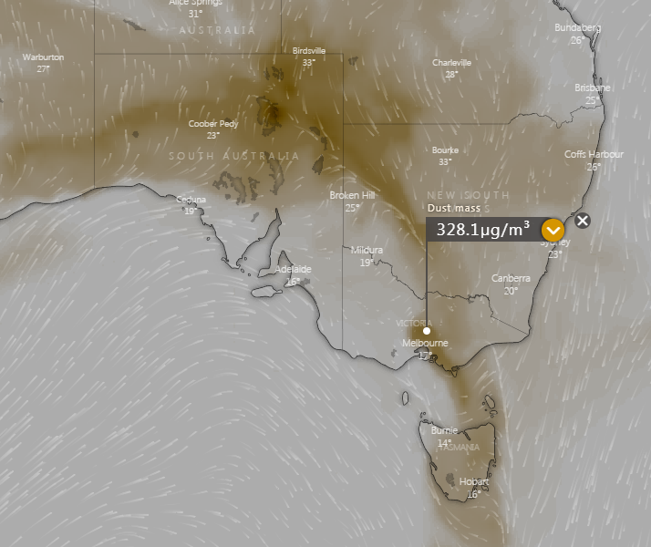 Dust Mass Index for 2am over southeast Australia (Source: Windy)