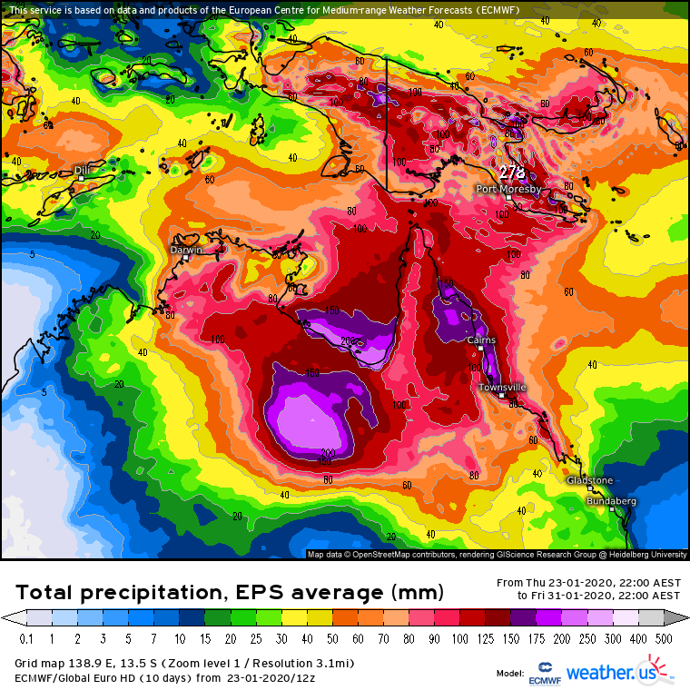 Forecast ECMWF EPS seven day rain totals until Friday 31st January 2020 (Source: weather.us)