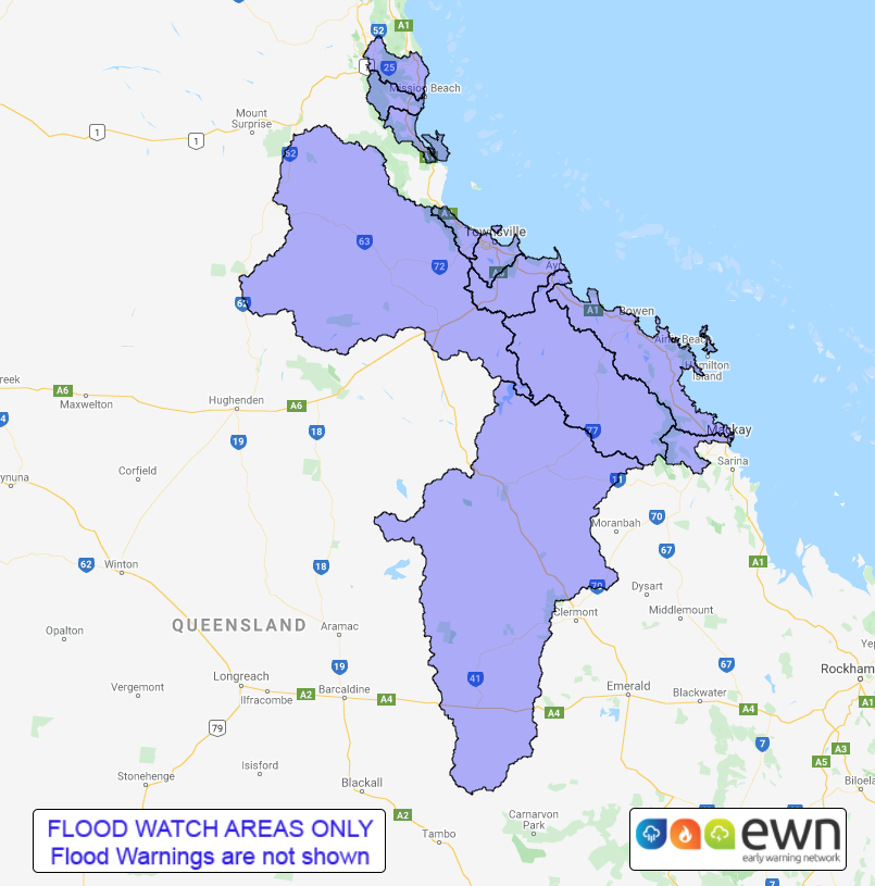 Initial Flood Watch area as of 4:00pm, Tuesday, January 28th, 2020 for renewed rainfall for coastal and adjacent inland catchments between Innisfail and Mackay.