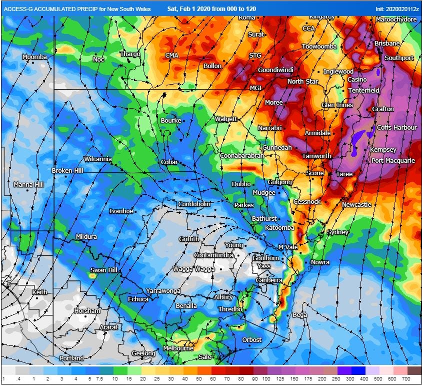 ACCESS G rainfall accumulation next 120 hours. Image via WeatherWatch MetCentre