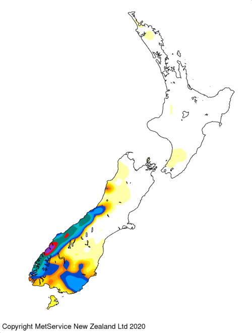 MetService Cumulative Rainfall - 24 hours to 9:00am, Monday, 3rd February, 2020