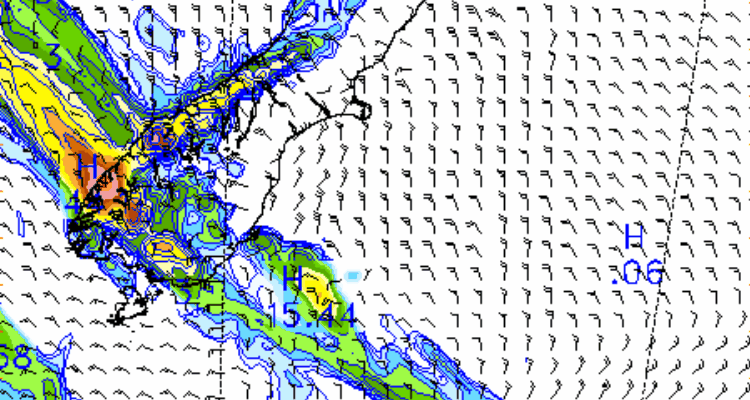 3 Day Rainfall Forecast and wind direction for the South Island of NZ as at Monday, 3rd February 2020
